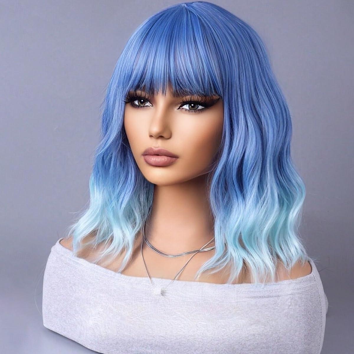 Short Bob Blue Wig Short Curly Wavy Wig With Bangs for Women Heat Resistant Synthetic Hair Wigs Halloween Cosplay Party Wigs 2026 - $21.99 –P6