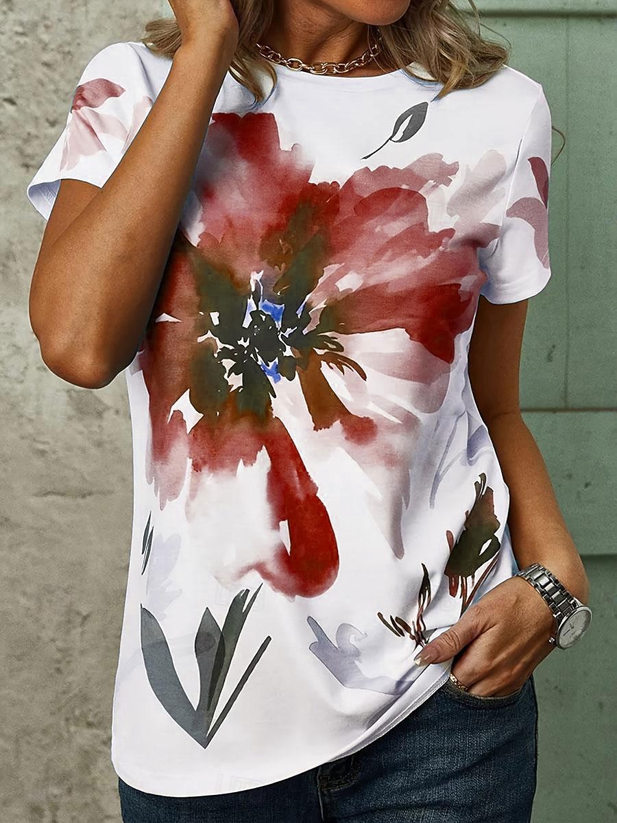 t-shirt femme élégant décontracté imprimé manches courtes hauts réguliers col rond quotidien blanc rouge vert été de 2025 ? $21.99 –P6