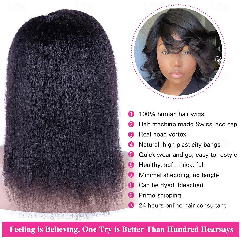 Human Hair Wig Short Medium Length kinky Straight Yaki Straight Side Part With Bangs Black Natural Color Natural Black Women Adjustable Thick Machine Made Capless Brazilian Hair All Natural Black #1B 2025 - $87.99 –P7