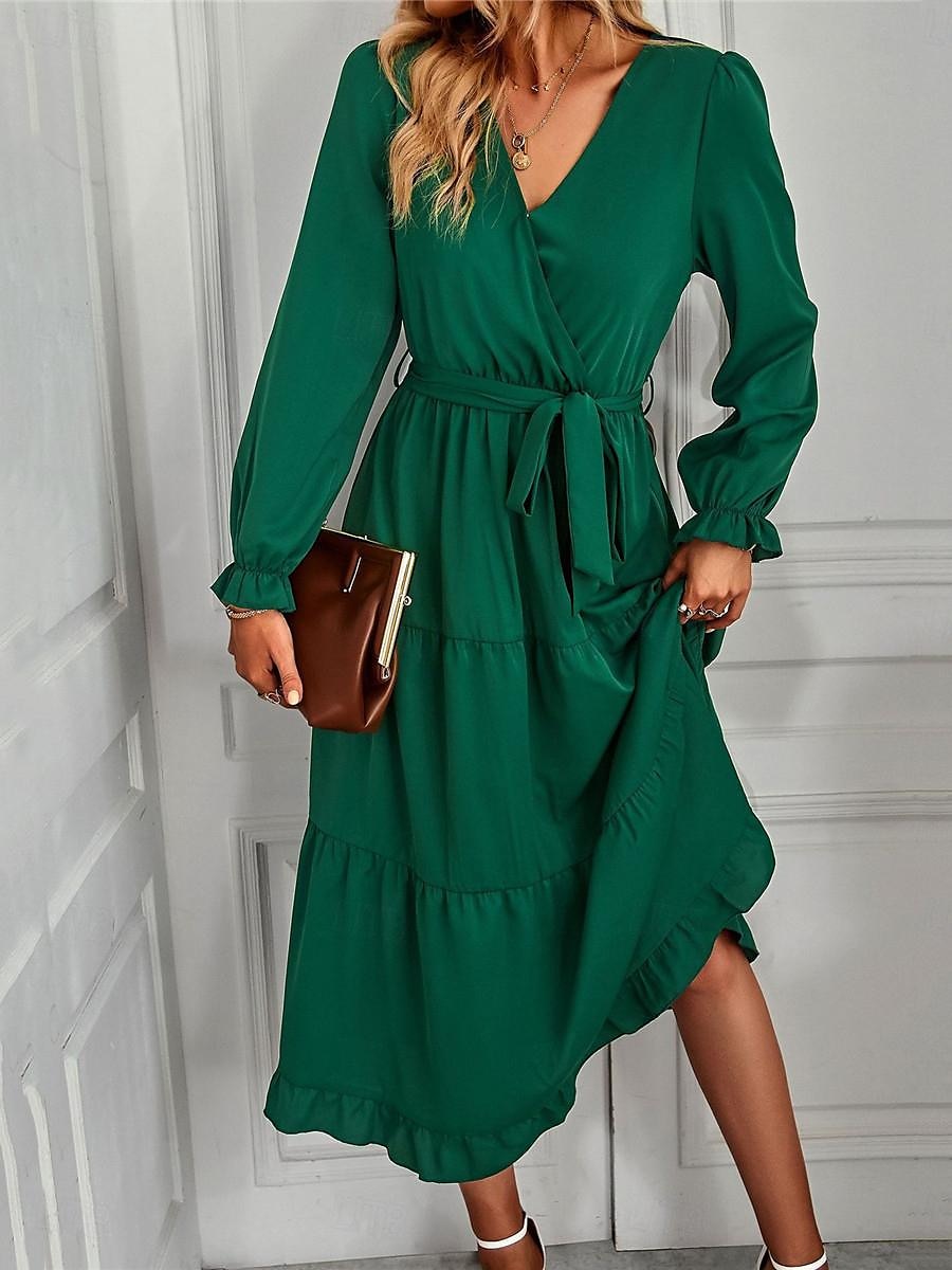 Damen Casual kleid Maxidress mit Schnürung Rüsche Verabredung Urlaub Elegant Strassenmode V Ausschnitt Langarm Schwarz Rosa Dunkelgrün Farbe 2025 - $39.99 –P6