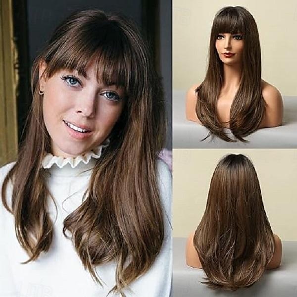 perucas loiras ombre para mulheres raiz escura longa reta em camadas peruca com franja fibra resistente ao calor perucas sintéticas perucas de carnaval de aparência natural diária de 2025 por GBP £13 –P2