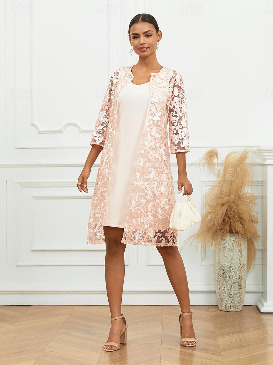 Women's Knee Length Dress Dress Set Elegant Formal Wedding Guest Cocktail  Party Regular Fit Solid Color Plain Short Sleeve V Neck Beige Summer Spring  Fall 2026 - kr.170