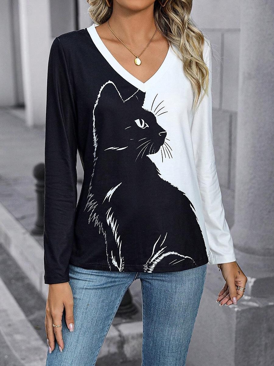 Per donna maglietta Color Block Gatto Di tendenza Manica lunga A V Top regolari Giornaliero Stampa Bianco / Nero Primavera & Autunno del 2025 a $22.99 –P3