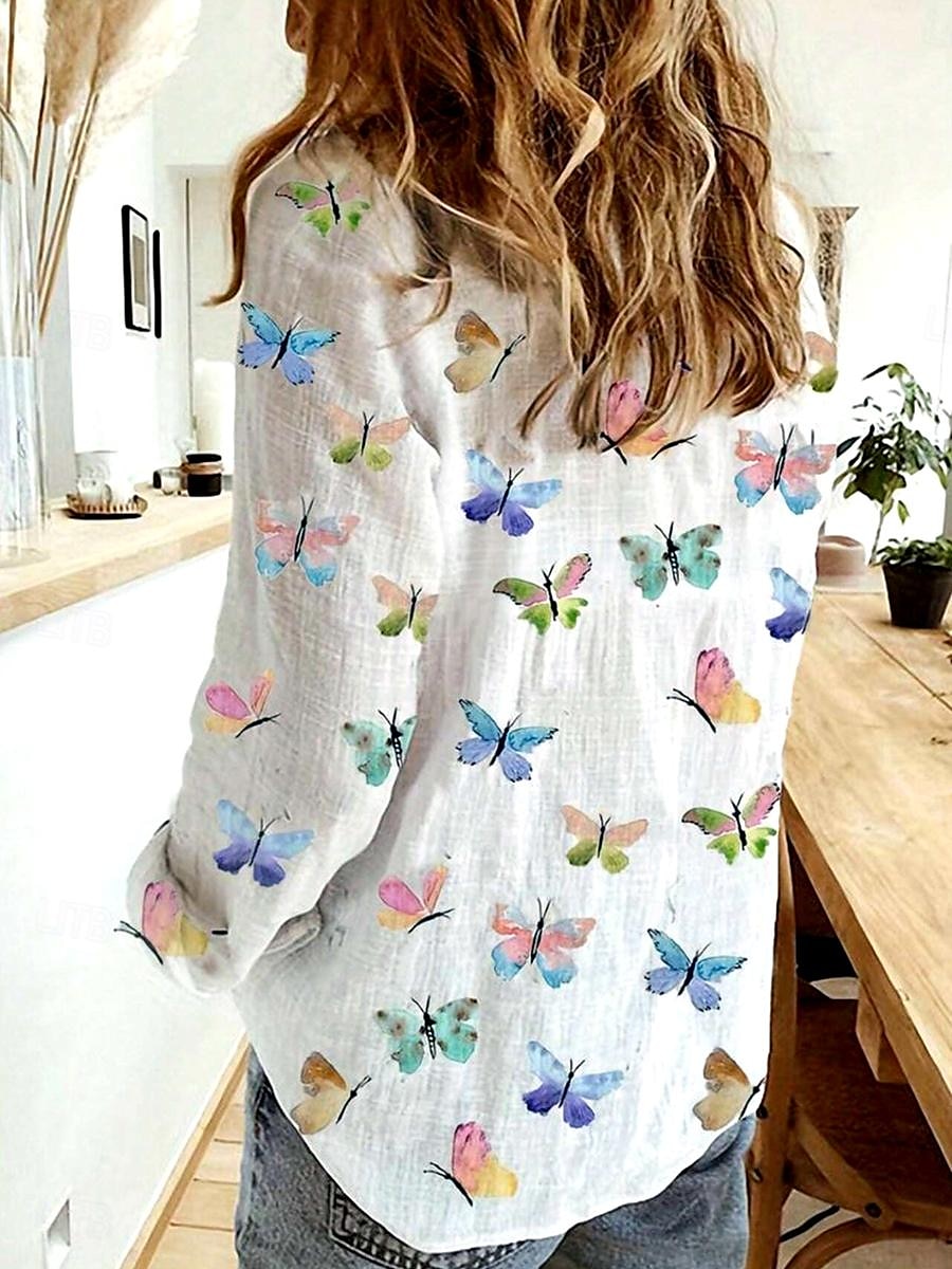 Damenhemd Langarm Knopf Bluse Elegant Stilvoll Schmetterlingsdruck Hemdkragen Alltag Weiß Gelb Frühling Herbst 2025 - $32.99 –P2
