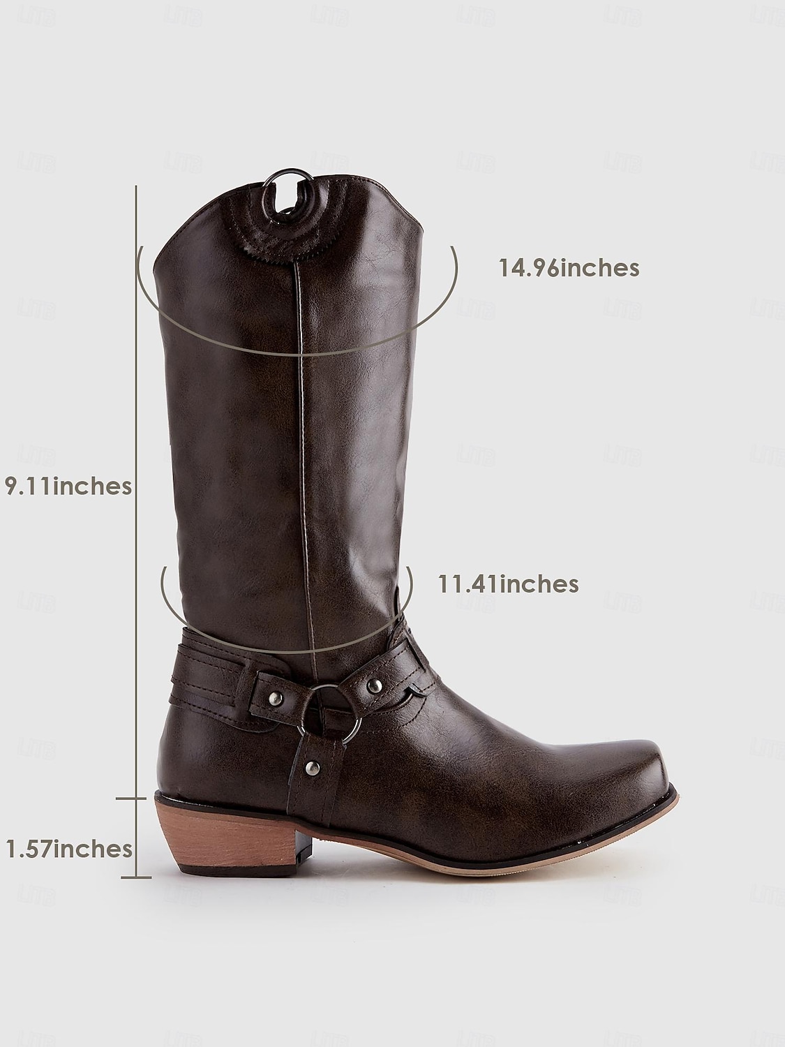 női barna műbőr western cowboy csizma gyűrűs hevederrel - tartós és stílusos kültéri és hétköznapi viselethez 2025 - $59.99 –P3