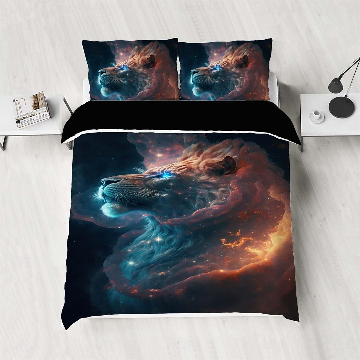 kleurrijke neon leeuwenkop 3-delige donzen dekbedovertrekset voor hotelslaapkamer gastenkamers bdding comfortset 2025 - $45.99 –P9