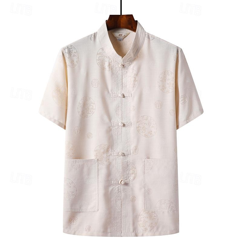 Men's T-shirt Suits Shirt and Pant Sets 2 Pieces Outfits Short Sleeve Standing Collar Summer Chinese character Fashion Chinese Style Casual 2 Piece Vacation Daily Wear Going out White Beige Gray Top 2025 - $31.99 –P5