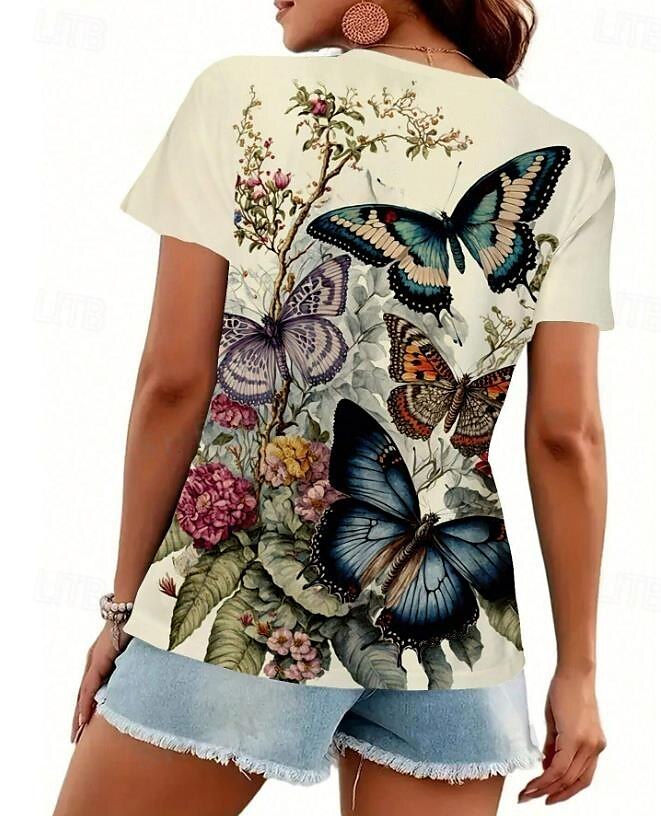 dam t-shirt stilig avslappnad blommig fjärilstryck kortärmad vanliga toppar rund hals dagligen gul sommar 2025 - $19.99 –P2