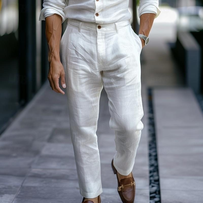 Męskie Garnitury Lniane spodnie Spodnie Letnie spodnie Guziki Prosta noga Równina Komfort Oddychający Pełna długość Biznes Codzienny Moda miejska Elegancki Czarny Biały 2025 - $27.99 –P10