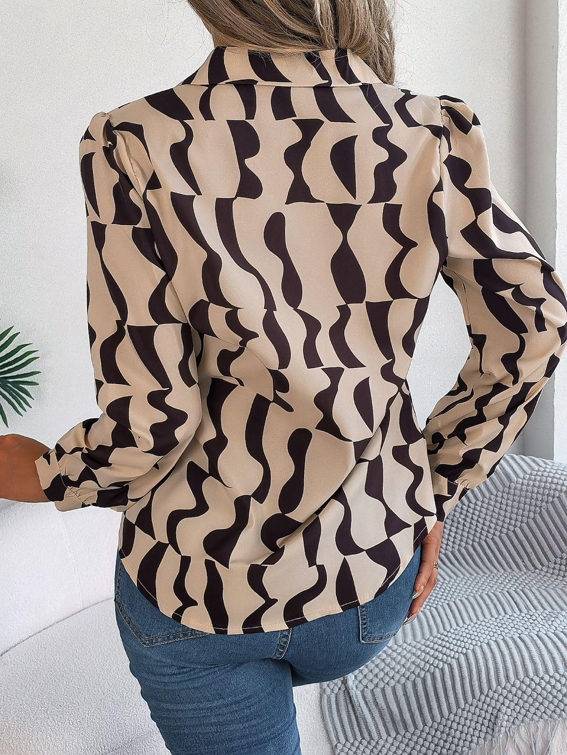 Dame Skjorte Bluse Fargeblokk Stilfull Moderne Langermet Skjortekrage Arbeid Knapper Svart Brun Kakifarget Vår Høst 2025 - $29.99 –P2