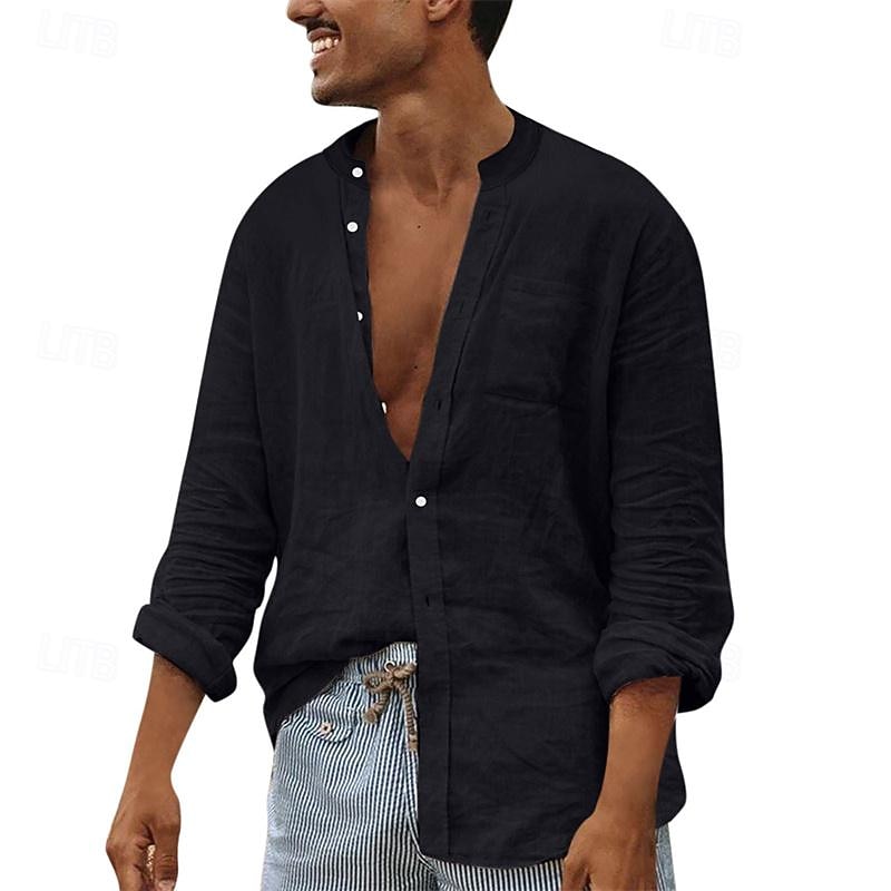 Per uomo Camicia Camicia Estiva Camicia casual Camicia da Spiaggia Camicia con Bottoni Nero Bianco Blu marino Marrone Kaki Manica Lunga Semplice Colletto alla coreana Vacanza Camicia hawaiana Tasca del 2025 a $30.99 –P7