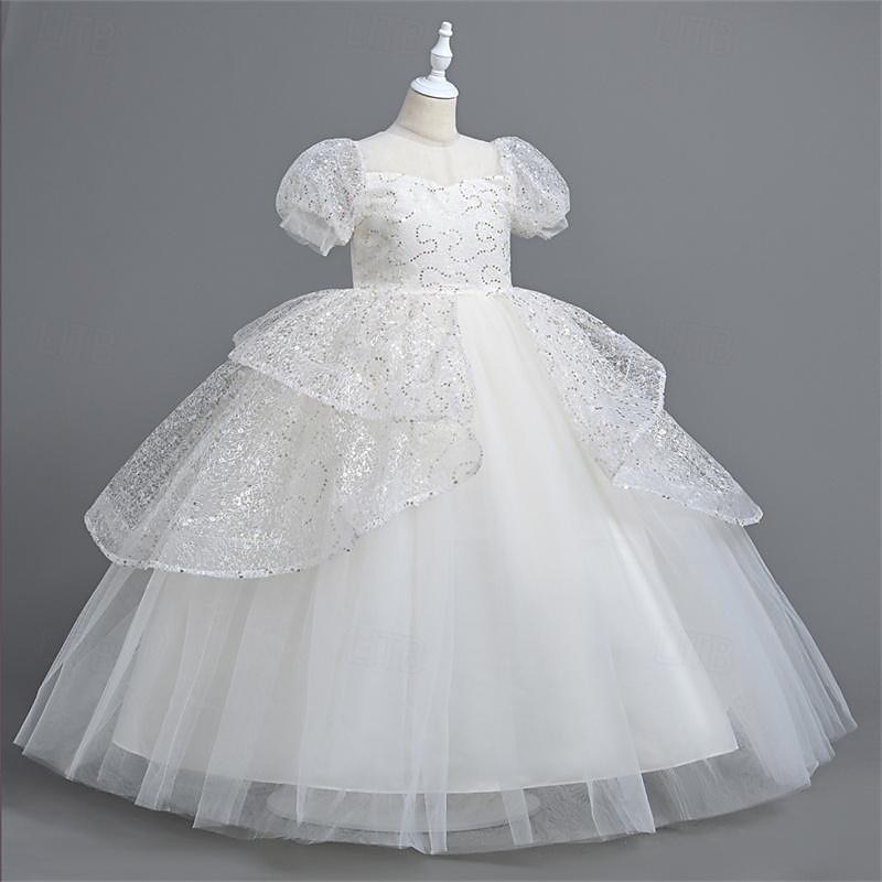 Flower Girl Dress Girls' Party Dress Performance Wedding Party Princess Beautiful Sweet Sequins Mesh Solid Color Short Sleeve Crew Neck White Pink 4-12 Years 2025 - $43.99 –P7
