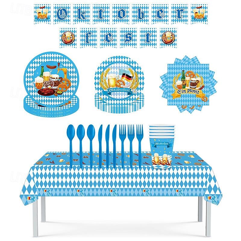 118 pezzi di forniture per festa dell'oktoberfest 16 pezzi 9 piatti piani 16 pezzi 7 piatti da dessert 16 tazze 1 tovaglia 20 tovaglioli per il pranzo 1 striscione e 48 pezzi coltello forchetta e del 2025 a $26.99 –P1