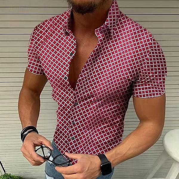 Men's Geometric Pattern Lattice Shirt Short Sleeve Designer Beach Casual Summer Turndown Print Black White Red Blue Green 2025 - $24.99 –P1