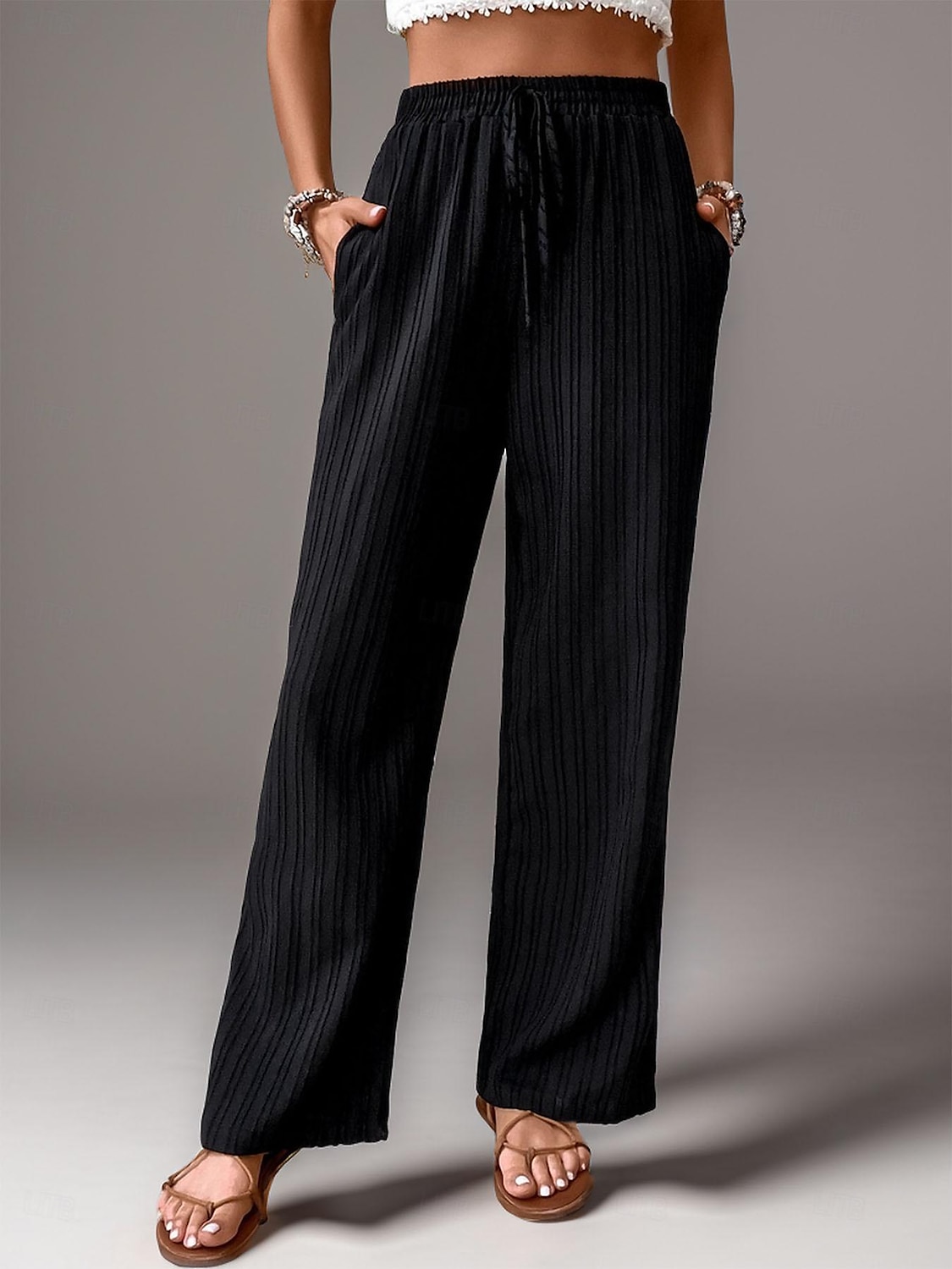 Women's Pants Trousers Fashion Long Plain Side Pockets Elastic Drawstring Design Breathability Comfortable Micro-elastic Casual Daily Black Blue Brown Green Spring & Summer Regular Fit 2025 - $24.99 –P6