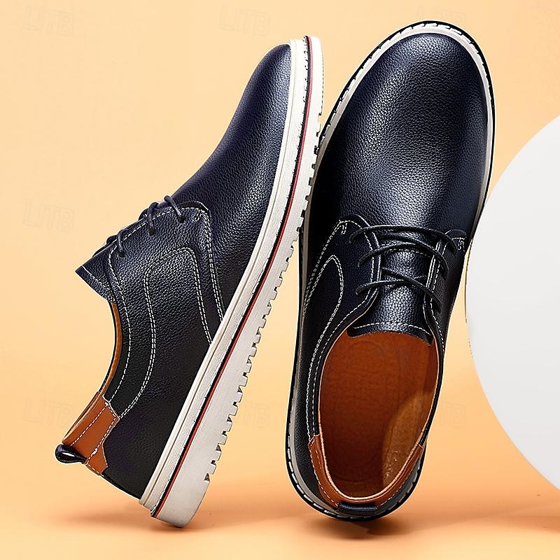 sapatos masculinos casuais azul marinho - elegantes oxfords de couro com cordões e sola branca para negócios e uso diário de 2025 por $46.99 –P1