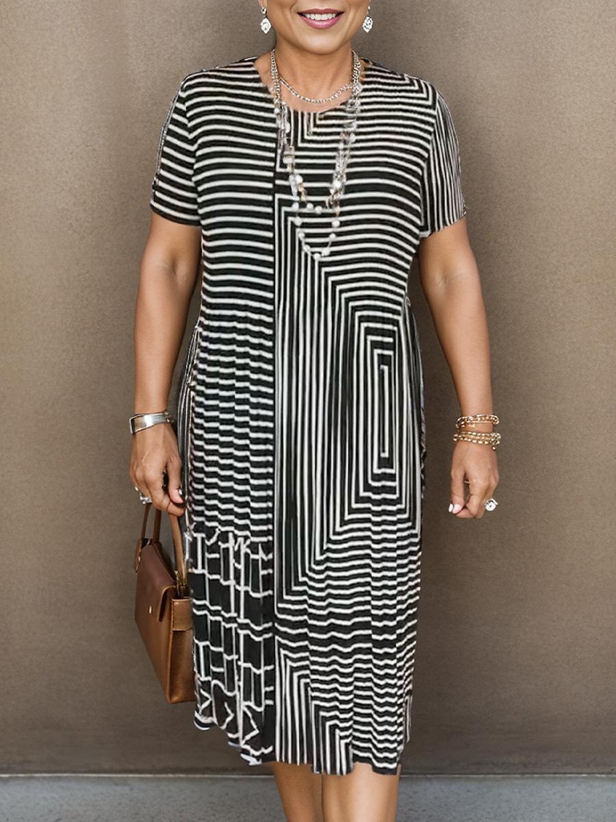 Dame Midikjole Skiftkjole Elegant Fritid Arbeid Daglig Løstsittende Stripe Kortermet Crew-hals Svart Kakifarget Sommer 2025 - $39.99 –P5