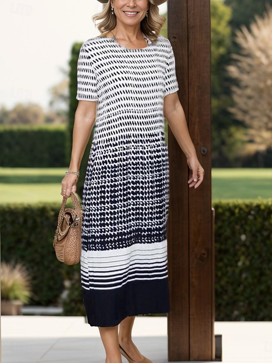 Robe de travail Robe Trapèze Femme Robe mi-longue Mode Moderne A Volants Col Carré Manche Courte du quotidien Géométrique marinière Ample Noir Eté L de 2025 ? $31.99 -P2