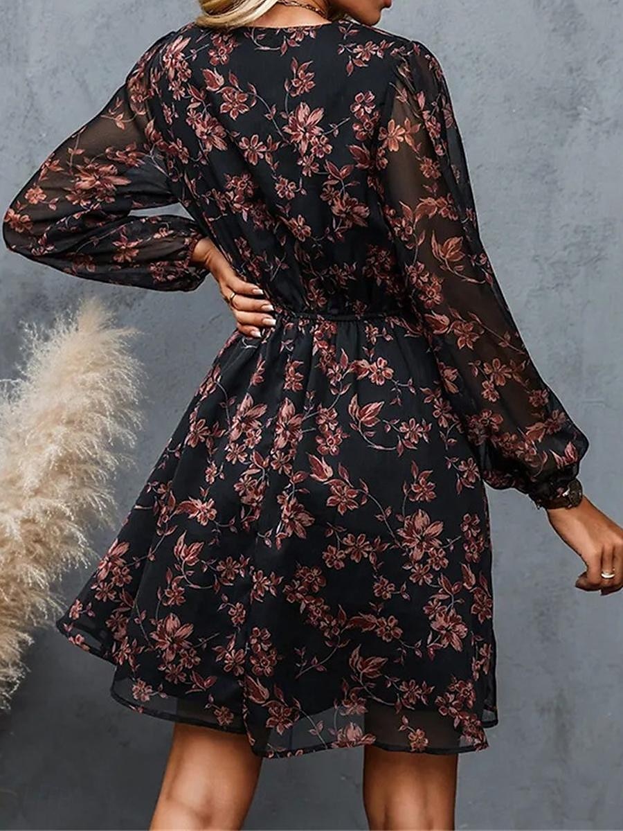 Damen Freizeitkleid formelles Kleid Blumendruck V-Ausschnitt Minikleid stilvoll lässig täglich Date Langarm Sommer 2025 - $33.99 –P20