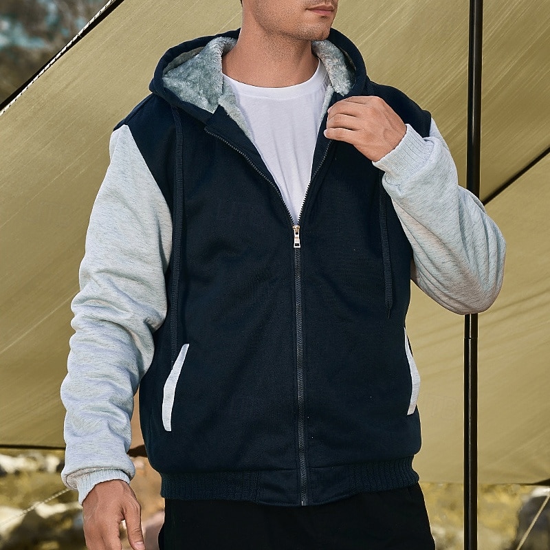 Муж. Толстовка с капюшоном на молнии Балахон на молнии Флисовая жилетка Черный Синий Светло-серый Темно-серый Капюшон Контрастных цветов Застегнуться Пэчворк Карман 2026 - $53.99 –P9