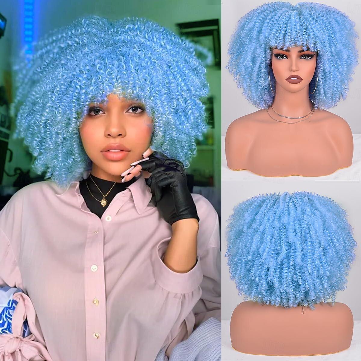 Perruques courtes crépues pour femmes noires perruque afro bouclée avec frange perruque afro bleue entièrement fabriquée à la machine bouclée et moelleuse pour Halloween et soirées cosplay de 2025 ? $18.49 –P1