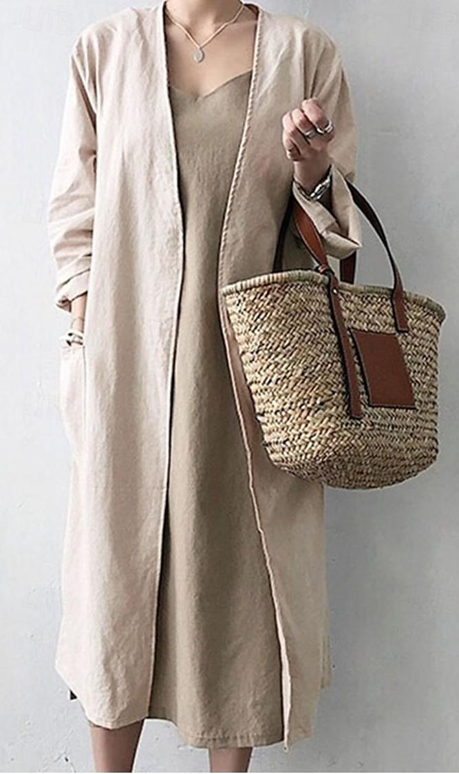 Damen Elegante Staubtücher Elegante Jacken Trenchcoat Büro Arbeit Frühling Herbst Lang Mantel Lässiger Schnitt Moderner Stil Jacken Langarm Einfarbig Einfach Tasche Oversize Hellblau Kaki Grau 2025 - $21.99 –P3