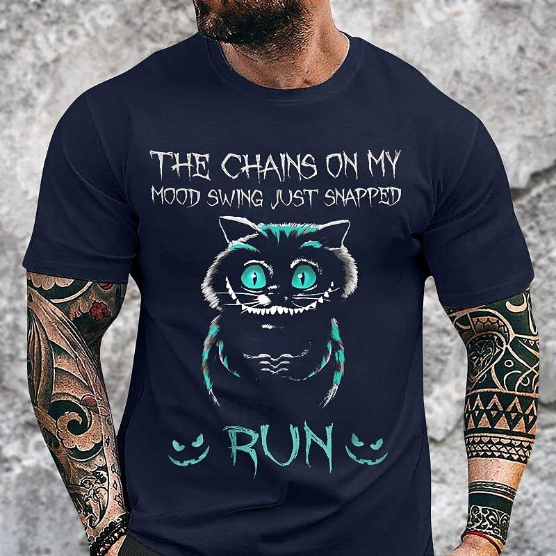 Homens Gato dia das Bruxas impressão de carta Camiseta T-shirt 100% Algodão Manga Curta Gráfico Camisa Preto Azul Escuro Camiseta confortável Rua Esportes Roupas de estilistas de 2025 por $15.99 –P1