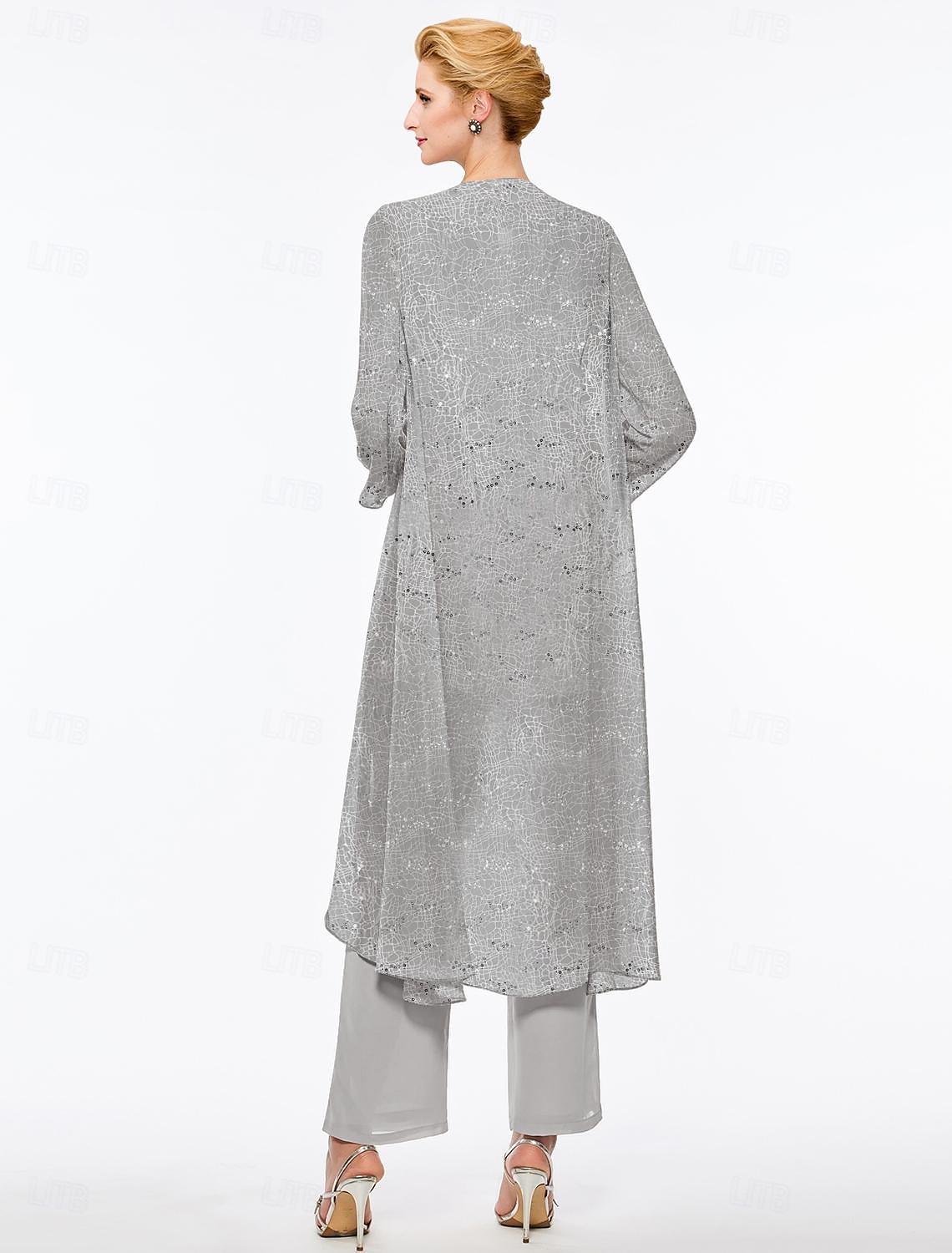 Strand Bröllop Byxdress Byxdress 3 Delar Mor till Bruden Bröllop Gäst Elegant Rundad Hals Golvlängd Chiffon Spets Ärmlös Wrap Inkluderad med Pärla 2025 gratis anpassad storlek 2025 - $179.99 –P2