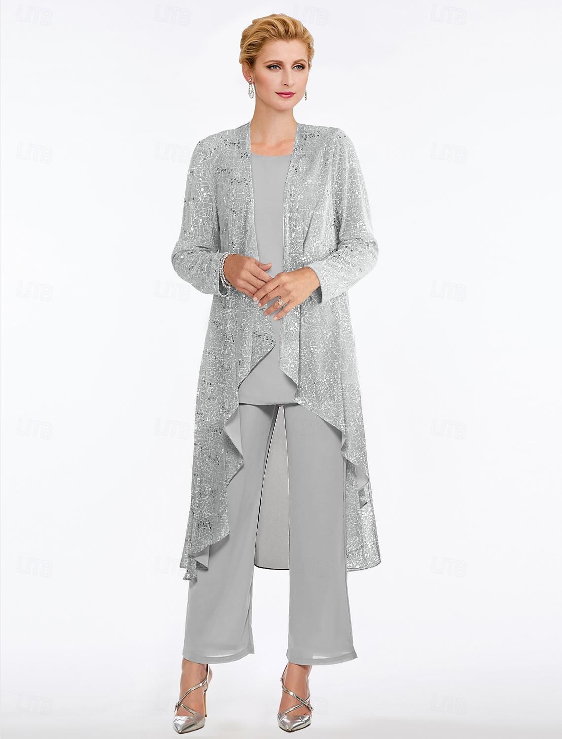Strand Bröllop Byxdress Byxdress 3 Delar Mor till Bruden Bröllop Gäst Elegant Rundad Hals Golvlängd Chiffon Spets Ärmlös Wrap Inkluderad med Pärla 2025 gratis anpassad storlek 2025 - $179.99 –P1