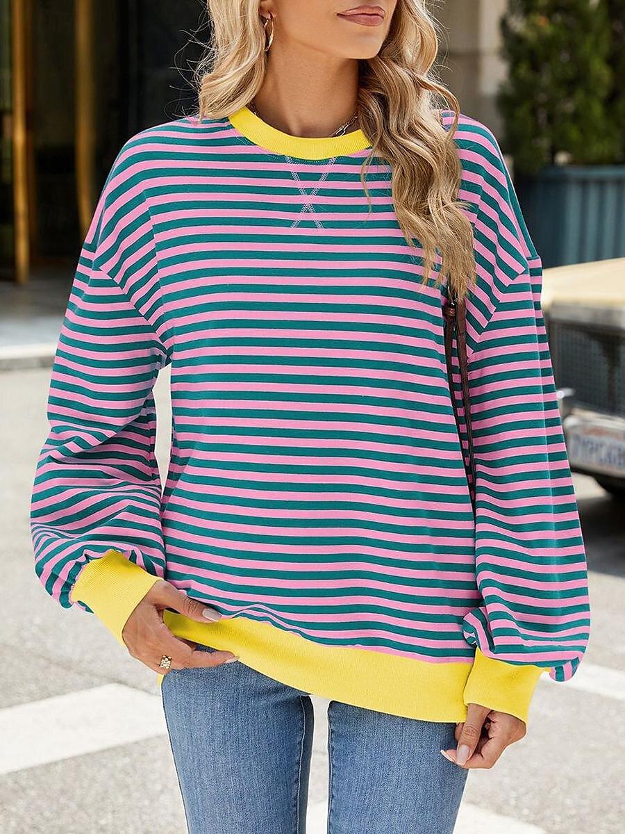 tröja dam sweatshirt ledigt randig vardagskläder gå ut rund hals tryck långärmad svart röd blå lila vår höst vinter 2025 - $44.99 –P6