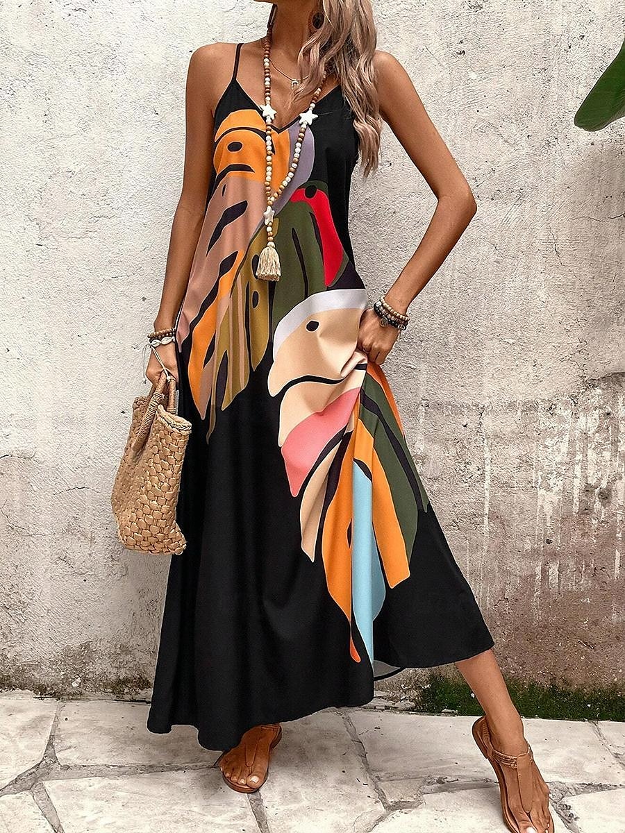 Robe Maxi Femme Robe Solaire Robe A Line Robe Florale Stylée Flottante Vacances Décontractée Plage Coupe Ample Peinture à l'Huile Sans Manches Col V Noir Été de 2025 ? $31.99 –P4