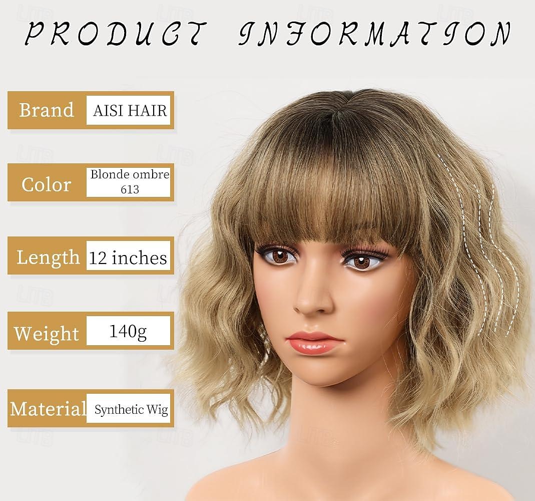Ombre Blonde Wigs With Bangs Short Wavy Bob Wig for Women Synthetic Ombre Blonde Short Curly Wave Wigs Heat Resistant Fiber Hair Wigs for Daily Halloween Wigs 2026 - $18.99 –P7
