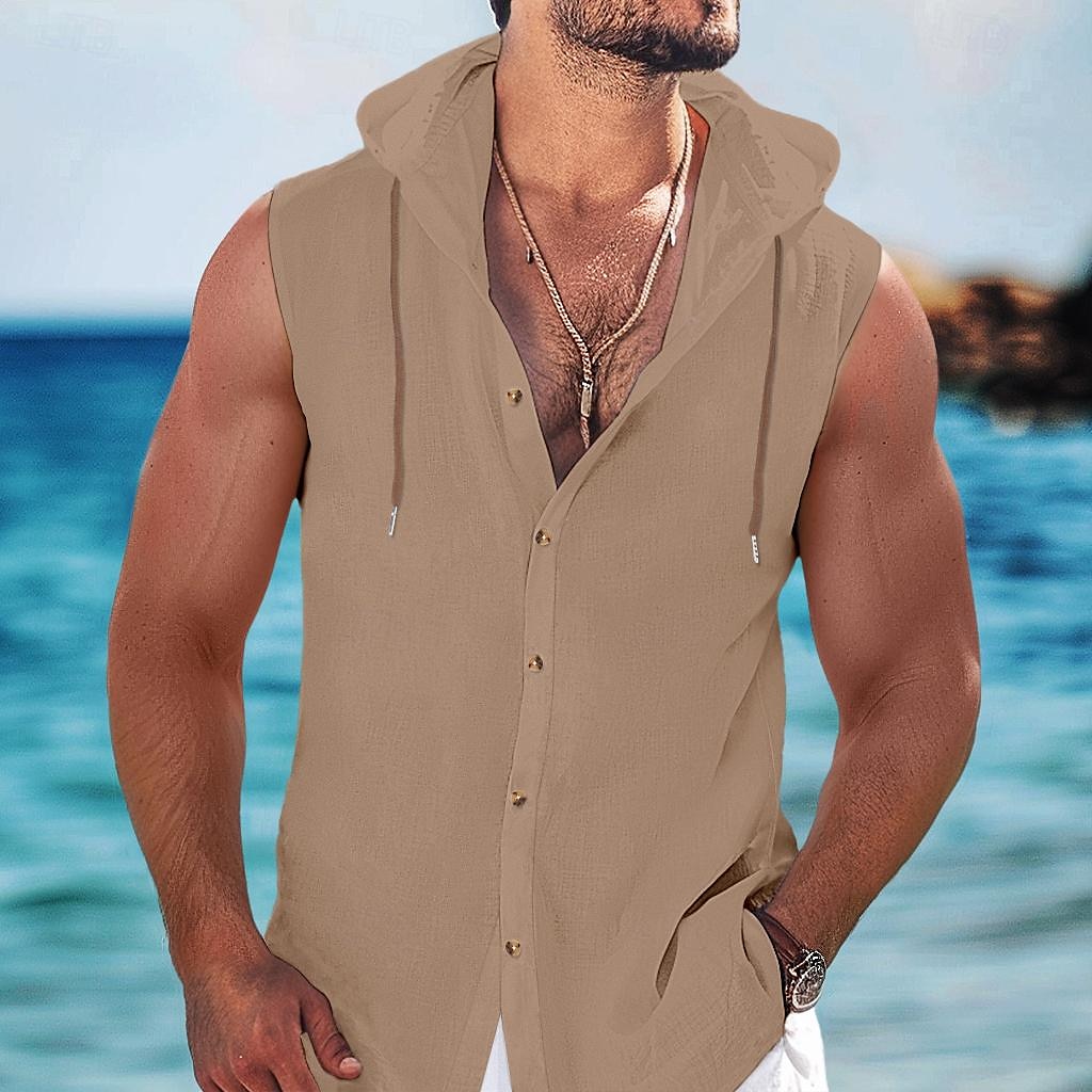 Hombre Camisa Camisa de playa Tanque Color sólido Vacaciones Maldición Negro Blanco Azul Marino Marrón Sin Mangas Con Capucha Primavera verano Ropa Botones 2025 - $22.99 –P7