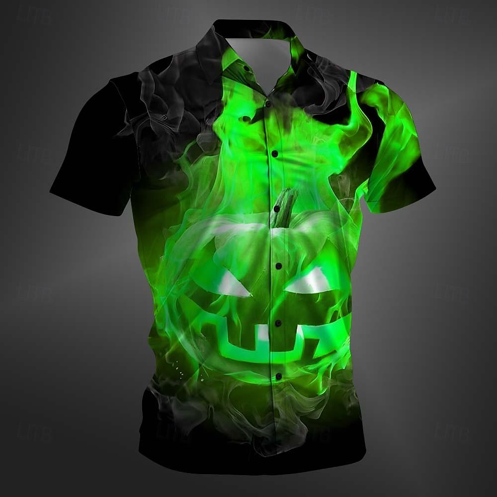 Halloween Herren Kürbis Hemd Knopfhemd Kurzarm Brautkleider schlicht Dunkel Party-Abendgarderobe Täglich Sommer Winter Frühling & Herbst Umlegekragen Knopf hoch 3D-Druck Rote Purpur Orange Grün 2025 - $24.99 –P2