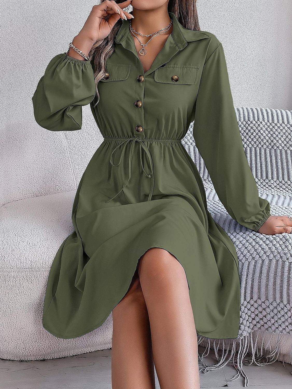 Damen Arbeitskleidung A Linie Kleid Modisch Täglich Arbeitsmode Bischof Midikleid Gefaltet Taste Hemdkragen Langarm Glatt Regular Fit Schwarz Wein Khaki Frühling Herbst S M L XL 2025 - $28.99 –P3