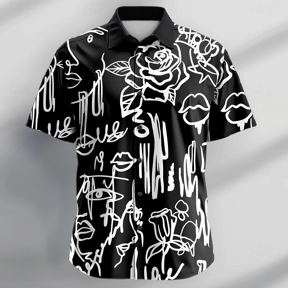 Per uomo Graffiti Camicia Camicia con bottoni Manica corta Informale Da mare Giornaliero Estate Collo ripiegabile Camicie con colletto Abbottonare Stampa 3D Nero Bianco del 2025 a $24.99 –P2