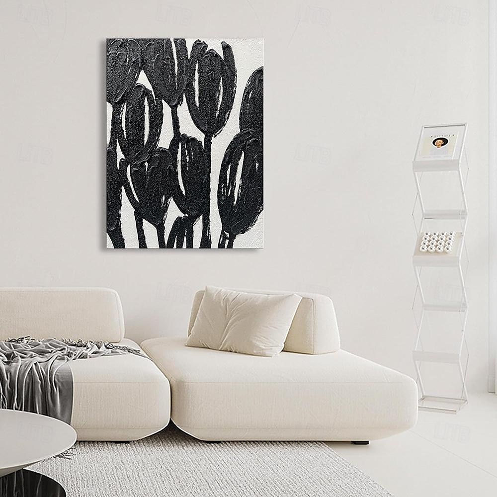handgemaakte olieverf canvas kunst aan de muur decoratie abstracte textuur zwart-witte bloemen voor huisdecoratie gerold frameloos ongerekt schilderij 2025 - $54.99 –P2