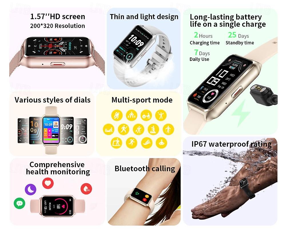 2025年 696 H37 スマートウォッチ 1.57 インチ スマートブレスレット ブルートゥース 歩数計 着信通知 睡眠サイクル計測器 と互換性があります Android iOS 女性 ハンドフリーコール メッセージ受信通知 IP 67 30mmウォッチケース  コレクション – $38.99 –P2