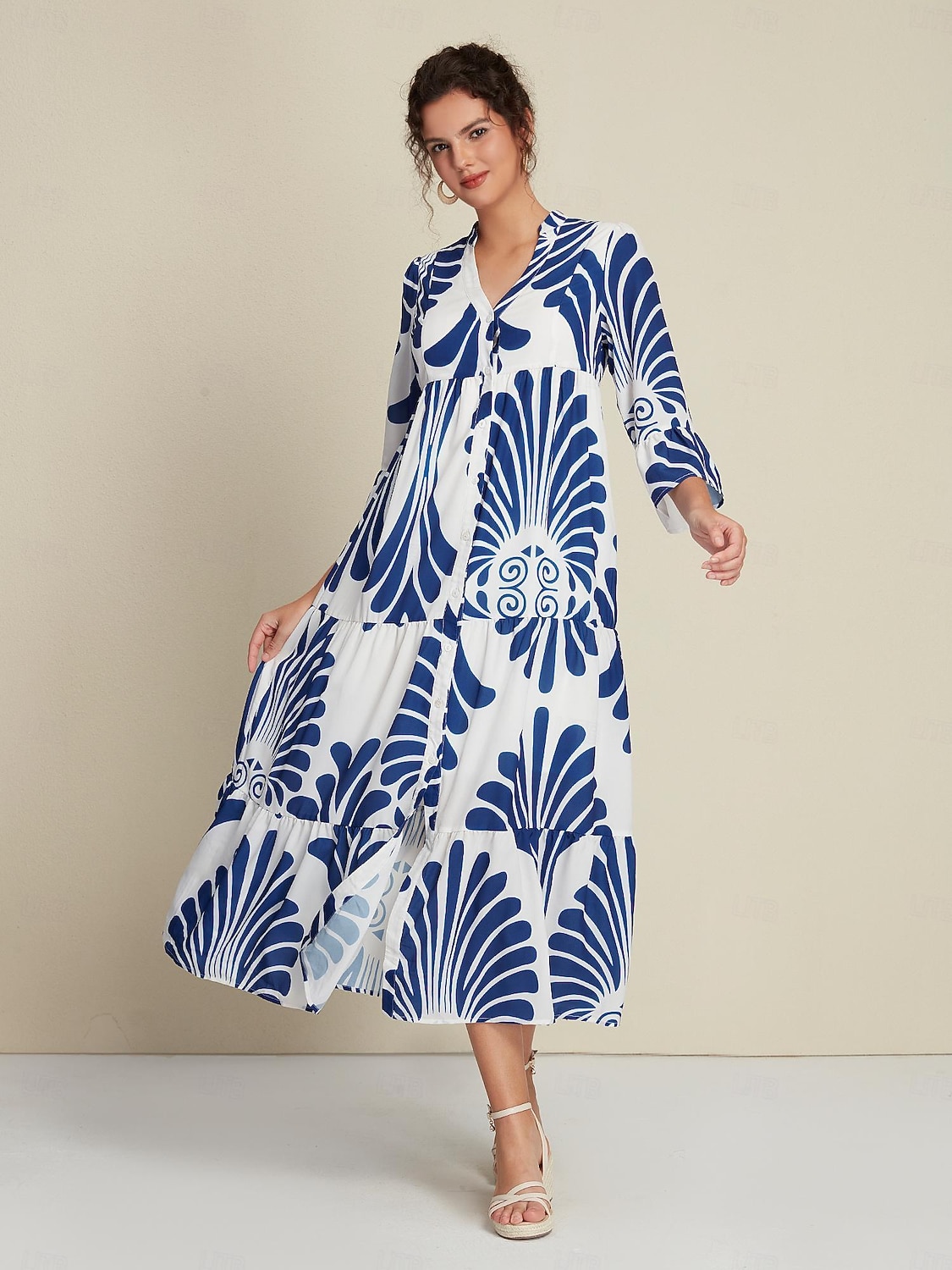 Жен. Свободное платье Курортная одежда Длинное платье Темно синий Рукав 3/4 Folk Рисунок Весна лето V-образный вырез Отпуск На каждый день S M L 2025 - AU $185.41 –P1