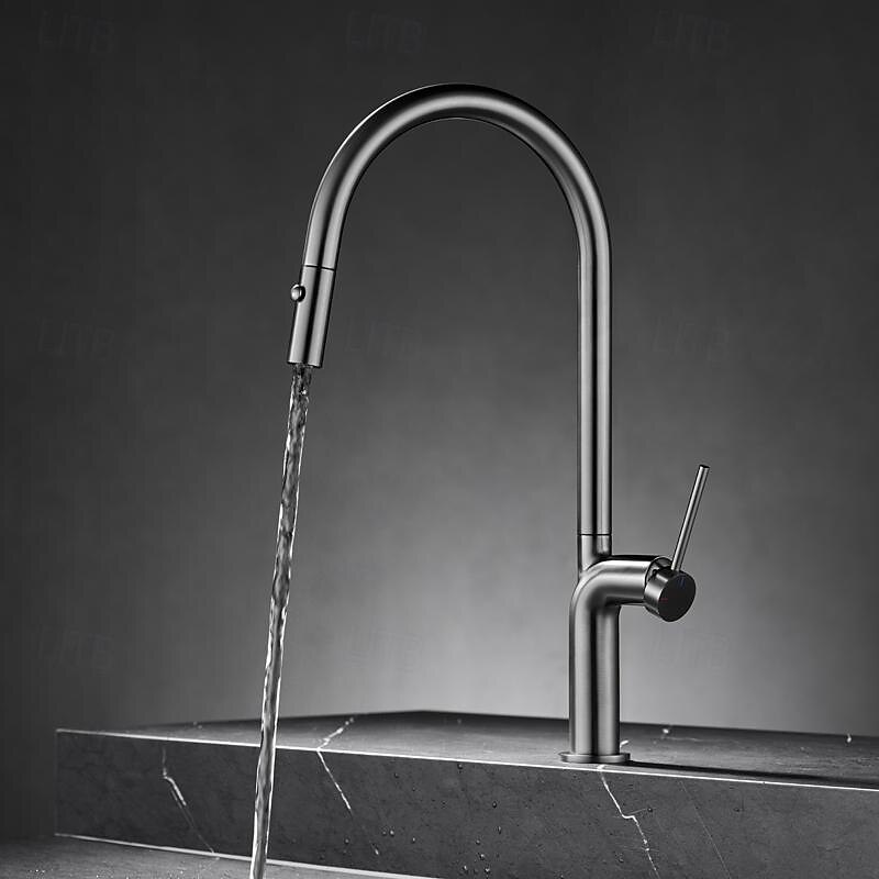 2025年 水栓 - シングルハンドルつの穴 クロム / ブラッシュドニッケル / 電気メッキ プルアウト / プルダウン / 標準スパウト / トール / ハイアーク センターセット 現代コンテンポラリー Kitchen Taps  コレクション – $210.59 –P2