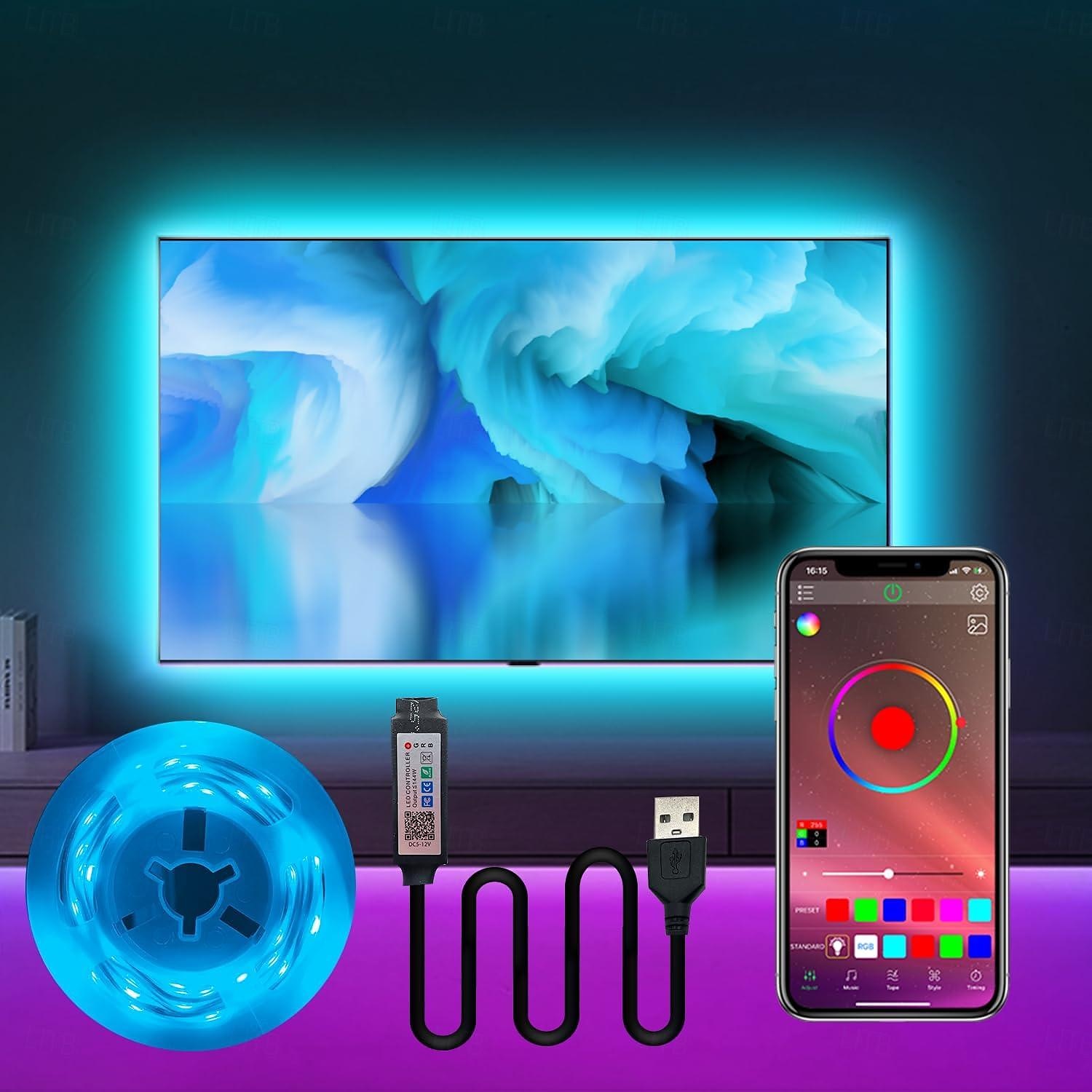 Luz de TV LED 1-5 m/3,28-16 pies retroiluminación LED de TV USB con aplicación barra de luz LED Bluetooth barra de luz LED rgb luz LED de sincronización de música adecuada para dormitorio, iluminación 2025 - $20.99 –P1