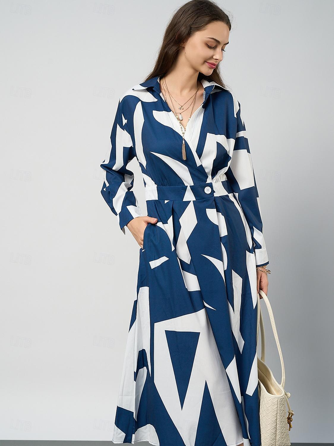 Dam Midiklänning A linjeklänning Grafisk Vintage Modern Kontor Rynkad Knapp Långärmad Tröjkrage Klänning Smal Blå Vår Höst S M L XL XXL 2025 - $44.99 –P3