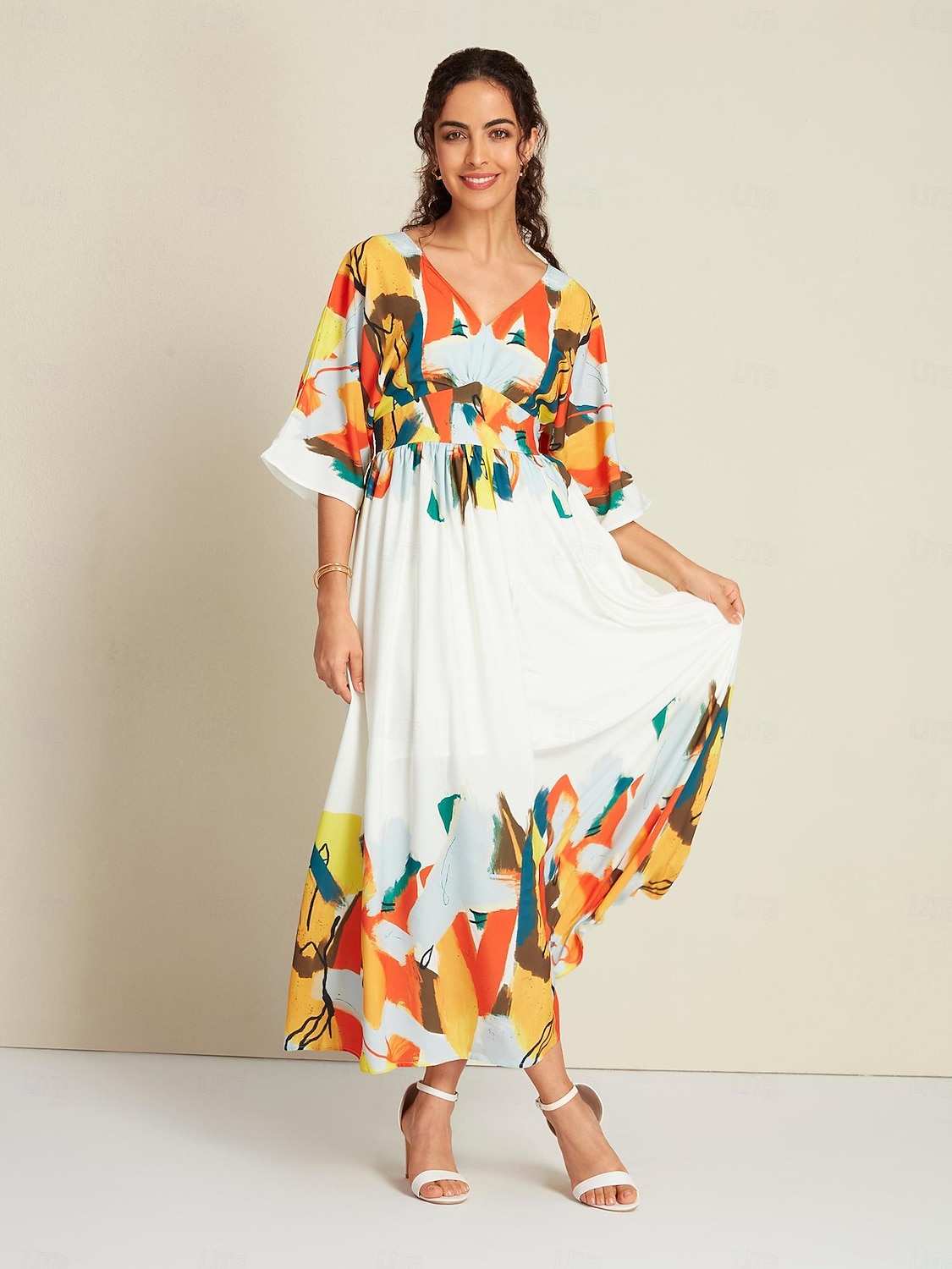 בגדי ריקוד נשים המקסי שמלת מקסי לבן חצי שרוול הדפסים גרפיים קשירה מאחור קיץ קיץ & אביב צווארון V חופשה יום יומי קז'ואל S M L 2025 - $135.99 –P6