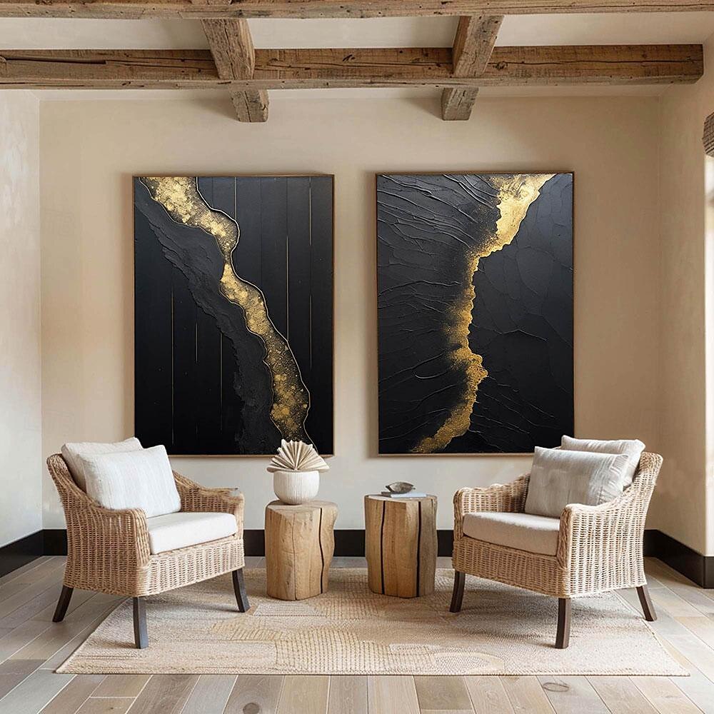 Wabi Sai Art, handgefertigtes schwarzes Wandkunstgemälde, handgemaltes schwarz-goldenes Strukturgemälde, Ölgemälde mit goldener Struktur, Wandkunst, schwarzes abstraktes Gemälde, Kunstgemälde im 2025 - $125.99 –P4