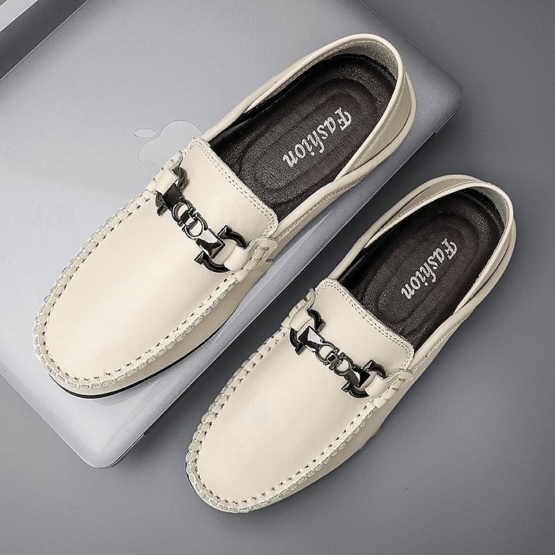 mocasini alb din piele pentru barbati - pantofi de rochie slip-on cu catarama metalica pentru tinute formale si casual 2025 - $46.99 –P2