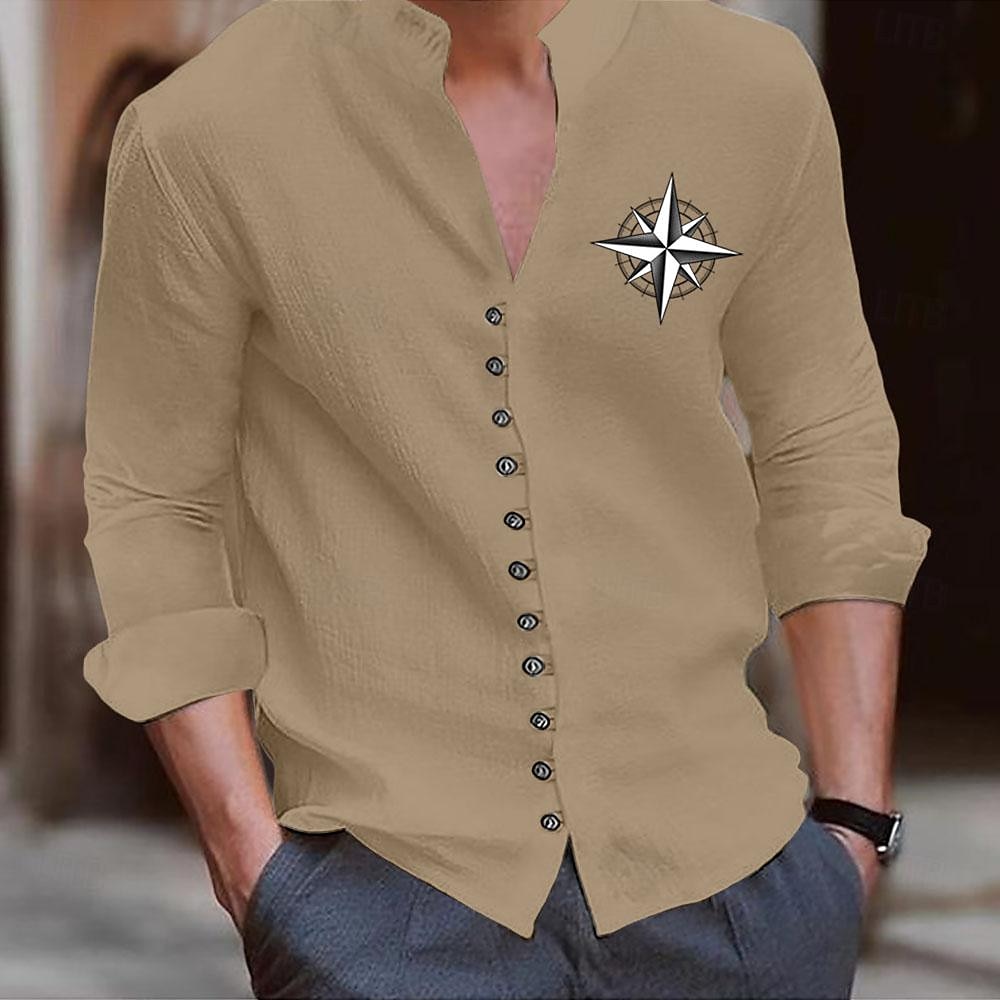 Voor heren Strand hemd Grafisch overhemd Kompas Vakantie Zakelijk / ceremonie / bruiloft Zwart Wit khaki Grijs Lange mouw Opstaande boord Lente zomer Kleding Button-omlaag 2025 - $4.59 –P6