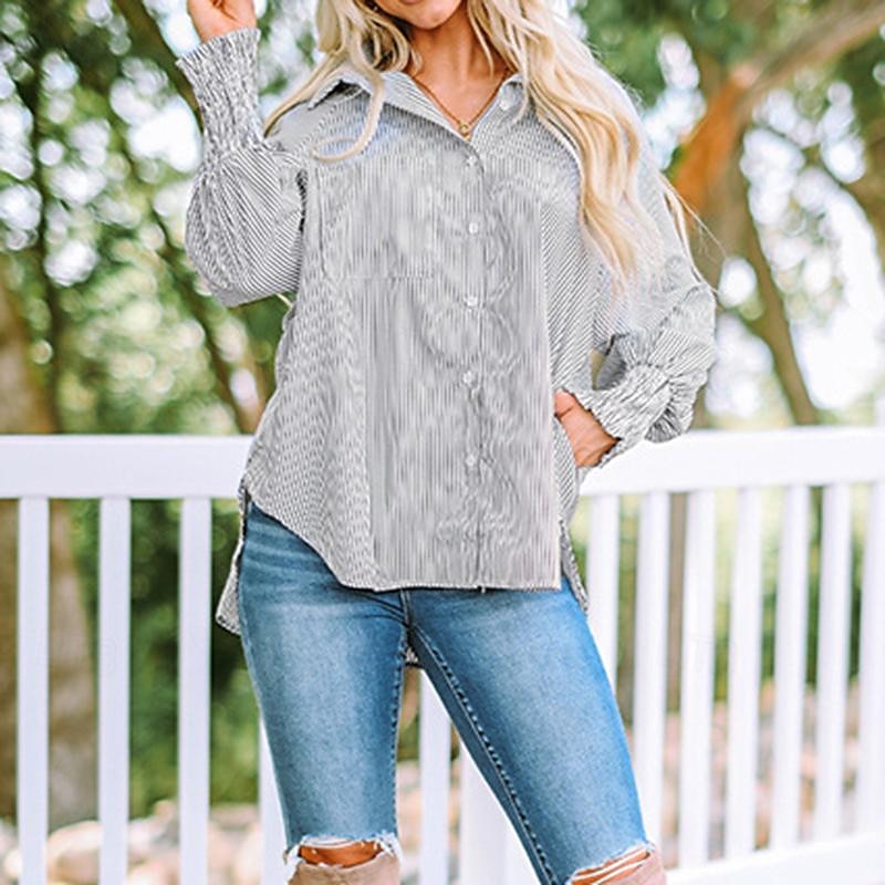 dames overhemd blouse casual gestreept knopen zak lange mouw normale tops overhemd kraag dagelijks zwart blauw lente& val 2025 - $39.99 –P1