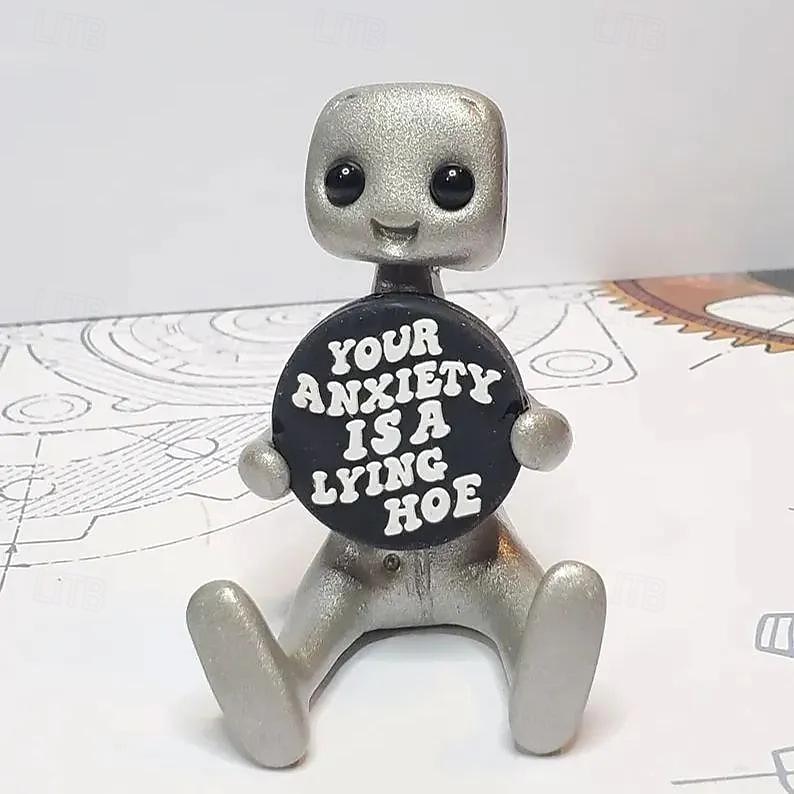 pequena figura de robô com slogan - sua ansiedade é um robô mentiroso, decorações de mesa de escritório divertidas e inspiradoras de 2025 por $12.49 –P7