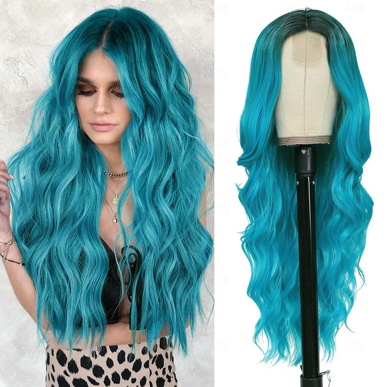 Peruca Longa e Ondulada para Mulheres com Parte Central Curly Wavy Peruca Sintética de Fibra Resistente ao Calor Fantasia de Halloween de 2025 por $21.99 –P1