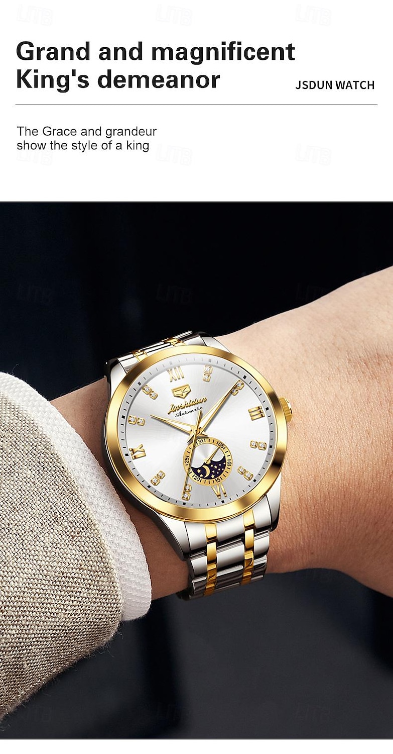 Heren mechanische horloges Creatief Modieus Zakelijk Polshorloge Automatisch opwindmechanisme Weergave maanfase Lichtgevend WATERDICHT Teräs Horloge 2025 - $77.99 –P8